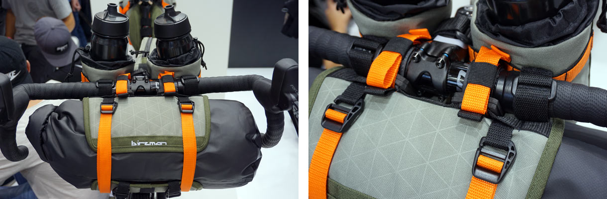 birzman bikepacking handlebar roll bag and stem-mount bottle bags