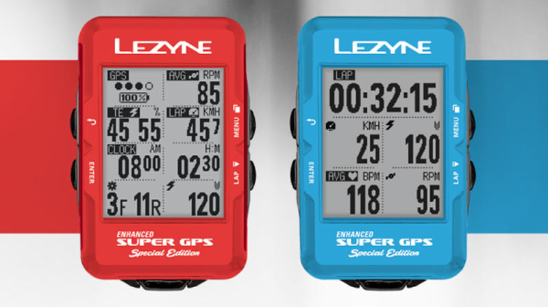 special edition red and blue lezyne Super GPS cycling computers