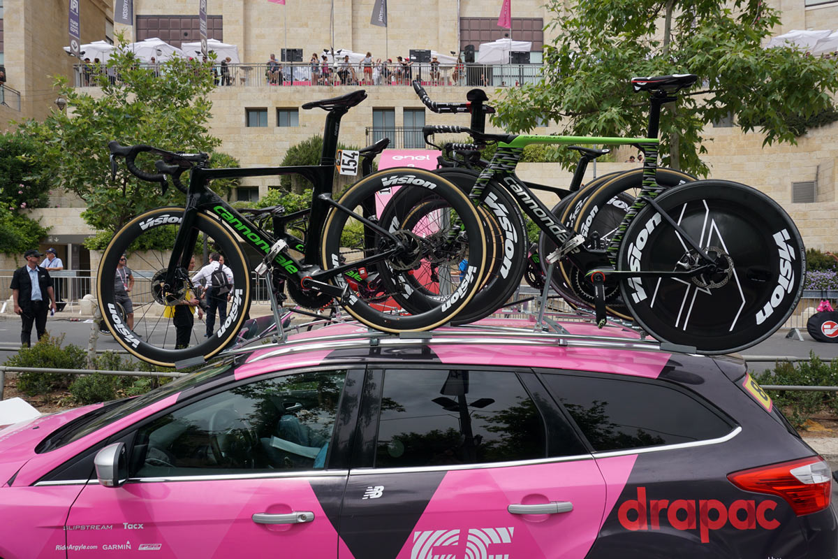 prototype cannondale aero disc brake road bike spotted at 2018 giro d-italia under Drapac pro cycling team