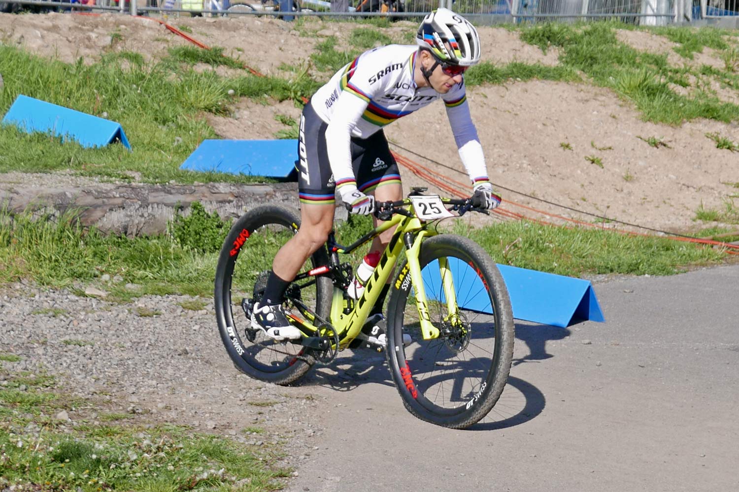 Maxxis prototype Aspen Race semi-slick XC race tires, lightweight, fast-rolling, wide 2.4" high-volume cross-country mountain bike tires, World Champion Nino Schurter