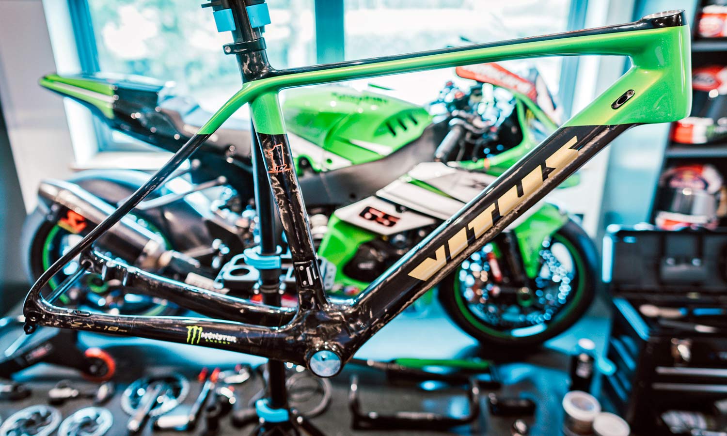 Vitus ZX-1 Disc custom, custom painted aero carbon road race bike_training bike for World Superbike Champion Jonathan Rea, photos by Gee Milner