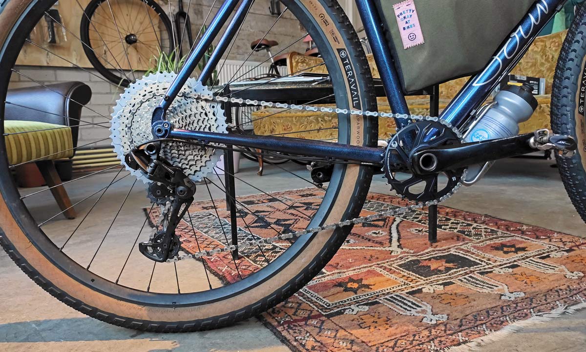 How To SRAM Eagle gravel 1x 11 speed drivetrain hack, Parallel Handbuilt BudgetMullet drop bar wide range adventure bike 1x11 drivetrain conversion