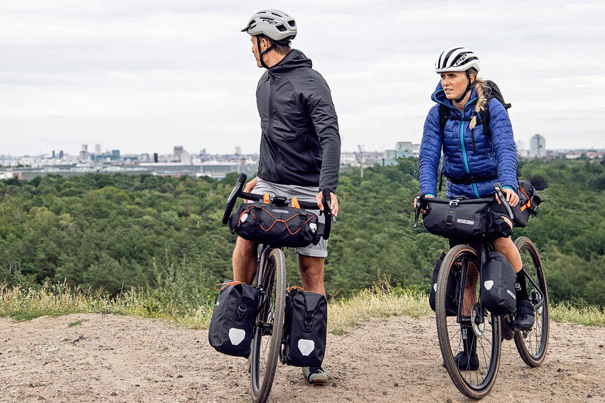 Ortlieb bikepacking updates, new lightweight waterproof packs for any adventure, front view loaded