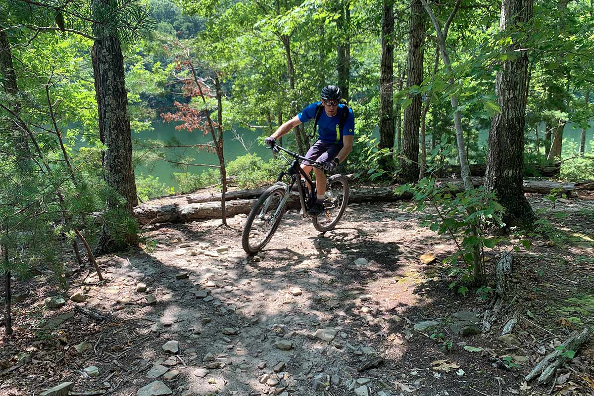 riding mountain bikes at carvins cove trails near roanoke virginia