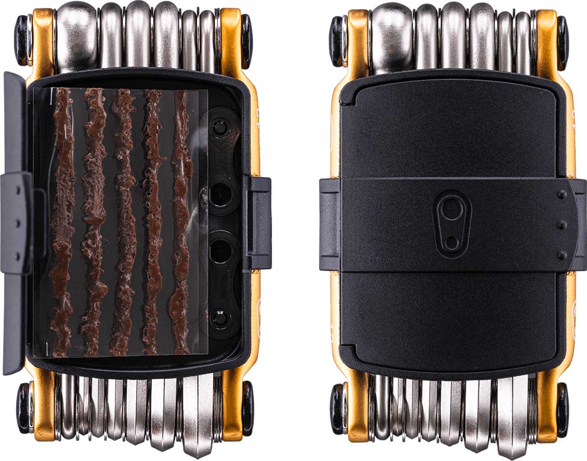 crankbrothers m13 multitool with tubeless tire repair plug case