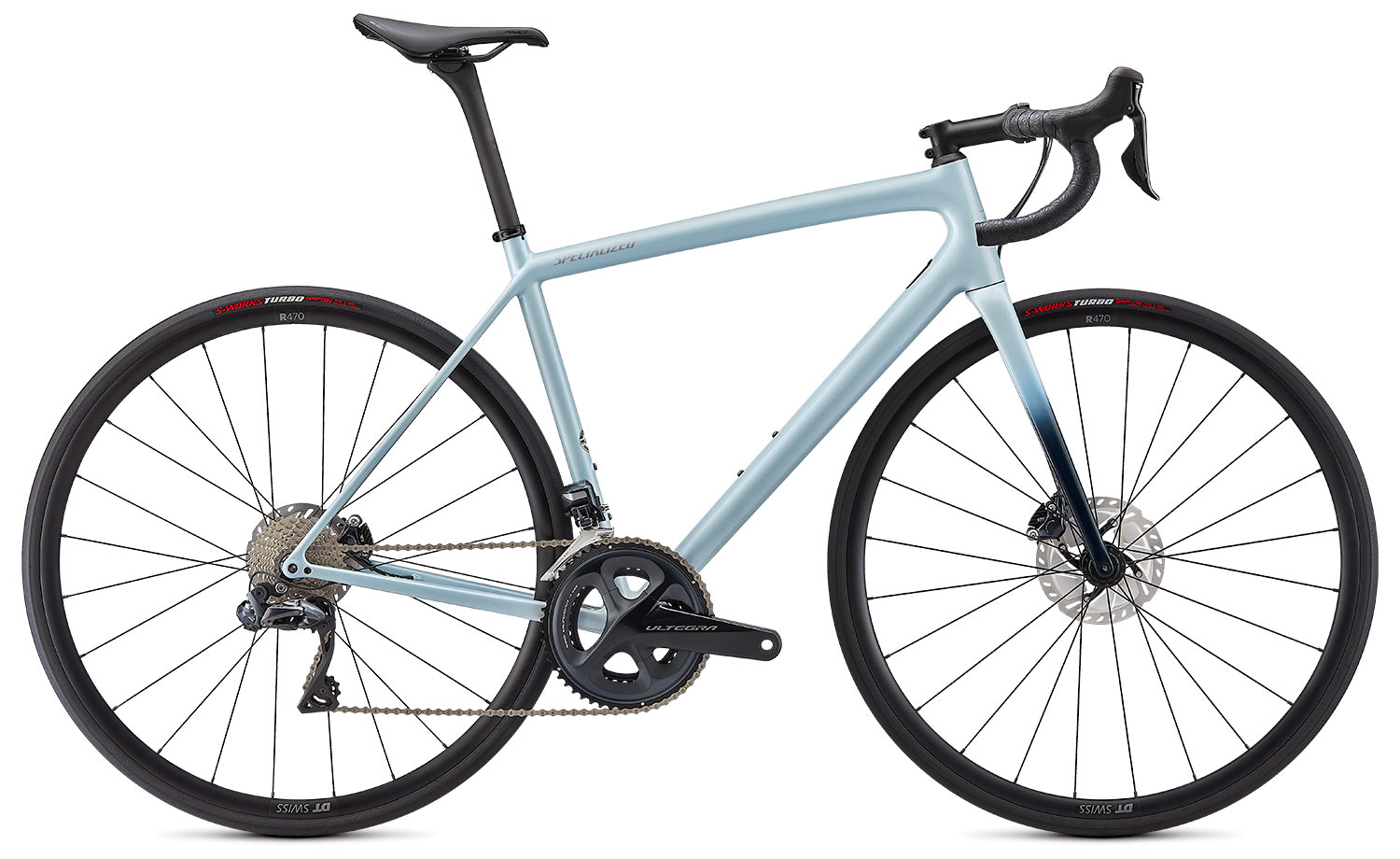 new specialized aethos lightweight carbon road bike in expert build trim and ice blue fade paint scheme