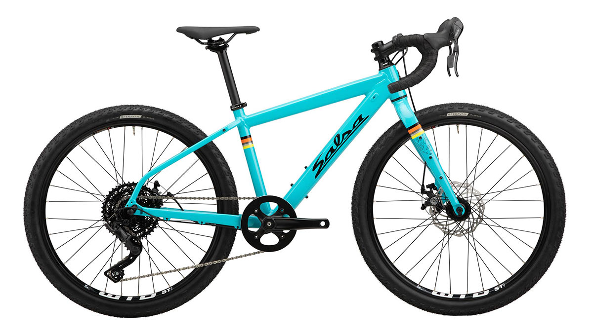 salsa journeyman 24 inch wheel size gravel bike for youth shown in teal blue color