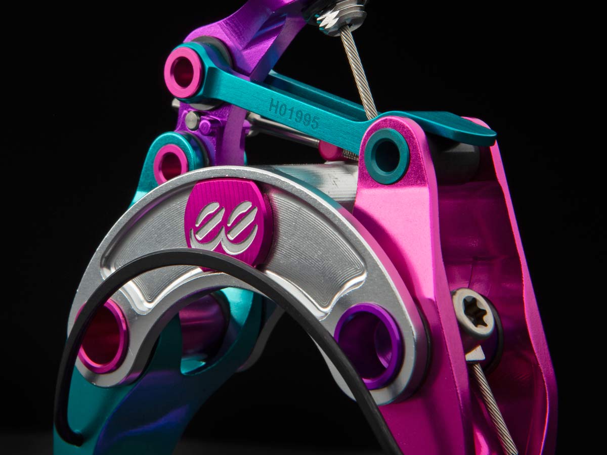 Cane Creek El TD eeBrakes_rainbow limited edition lightweight tie die rim brakes, in dual-pivot detail