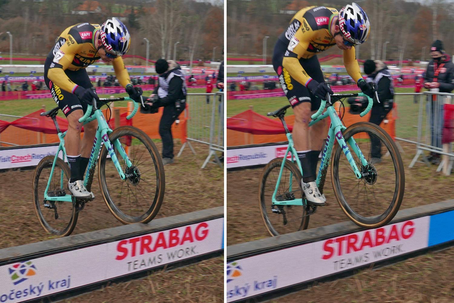 CX Pro Bike Check: Bianchi Zolder Pro carbon cyclocross bike, Wout van Aert at UCI Cyclo-Cross World Cup Tabor, bunny hopping barriers