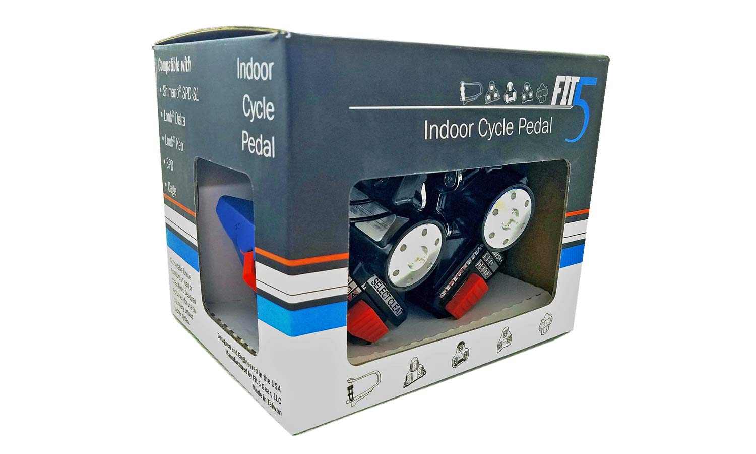 Fit5 universal Indoor Cycle Pedals; Look Delta or Keo, Shimano SPD-SL or SPD, toe-clip compatibility, retail box