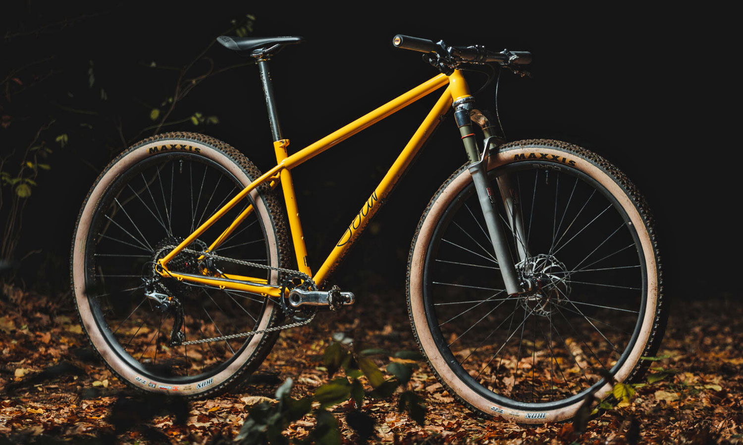 Sour Pasta Party steel XC hardtail mountain bike, angled