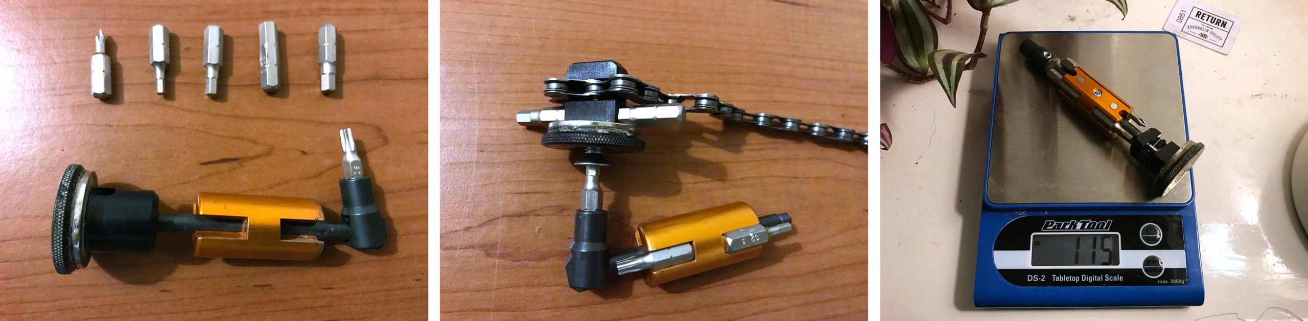 all in multitool fits inside a bicycle crank spindle - shown here on scale for actual weight