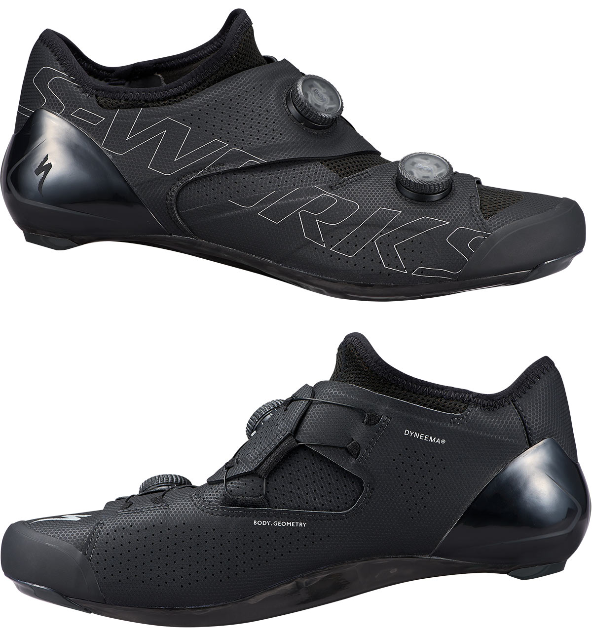 specialized ares s-works road bike shoes side profiles in black colorway