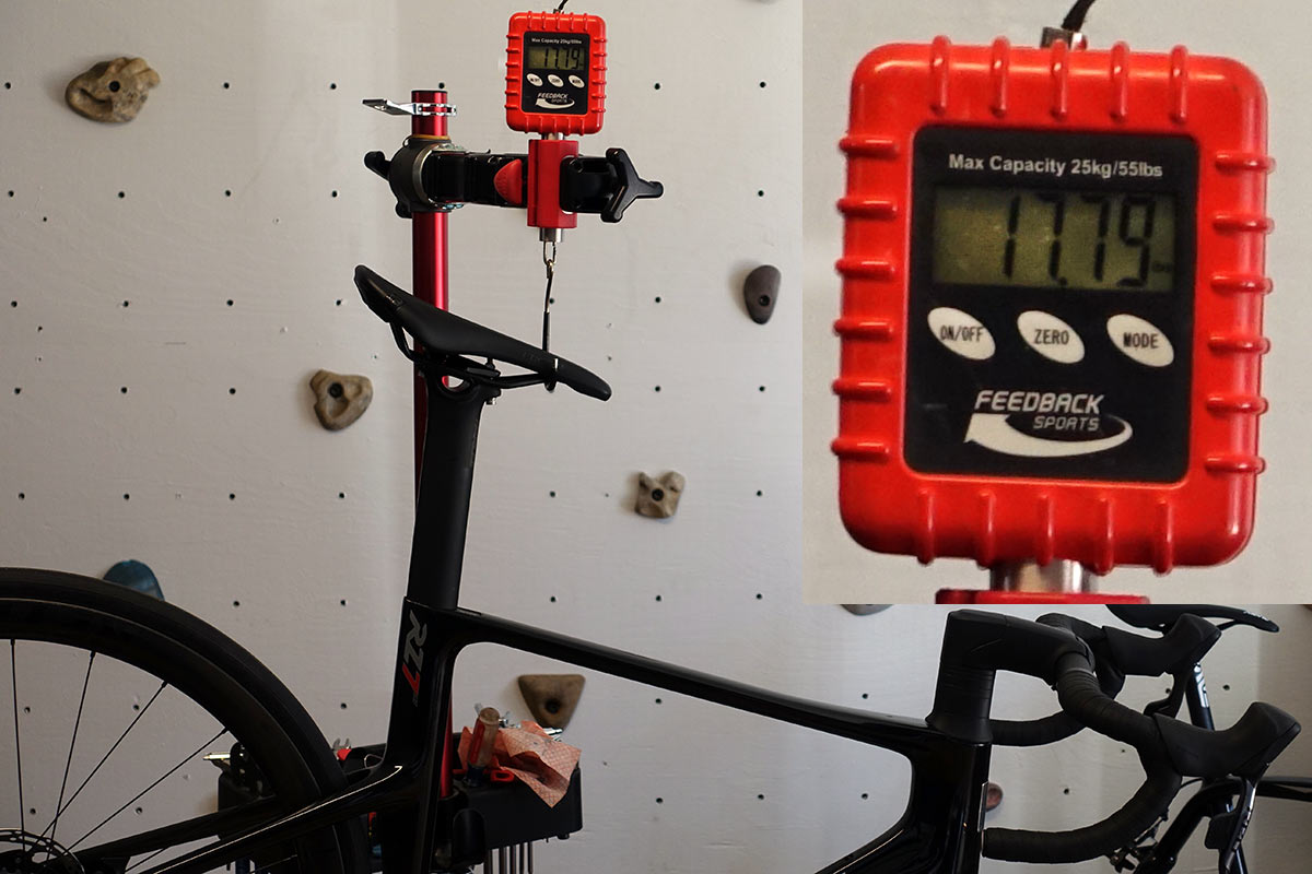 review of parlee rz7 aero road bike with bike showing actual weight on a scale