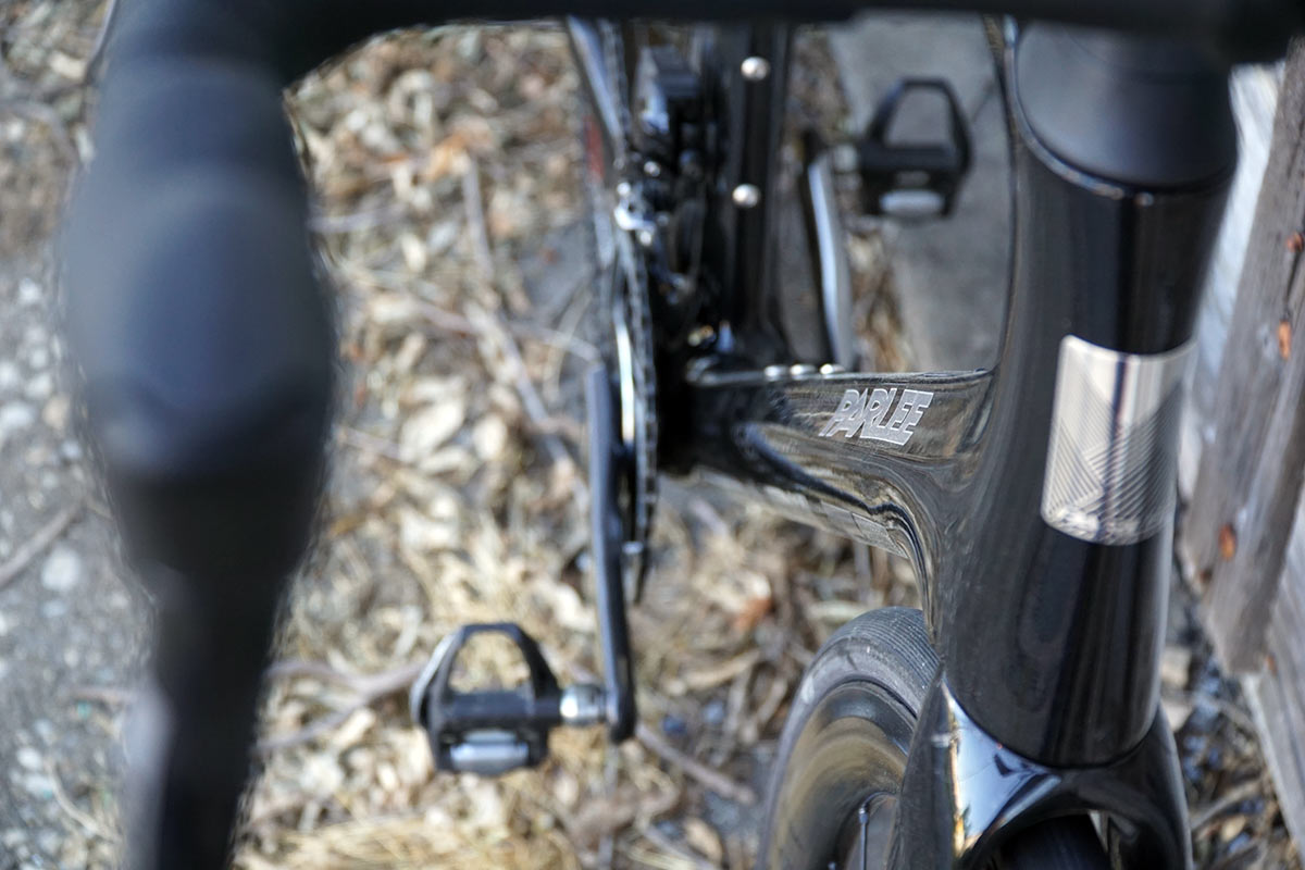 review of parlee rz7 aero road bike with bike showing closeup details of aero tube shaping