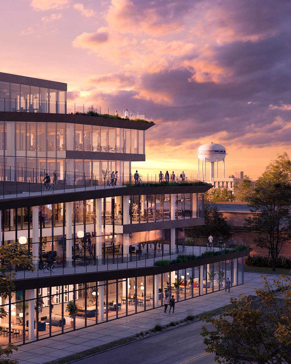 rendering of co-working office space in bentonville arkansas with bike ramps so you can ride to every floor of the building