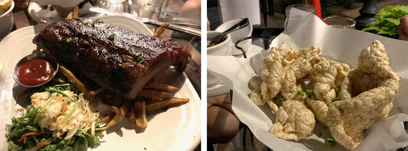 pork ribs and homemade chicharrones pork skins from tusk and trotter in bentonville Arkansas