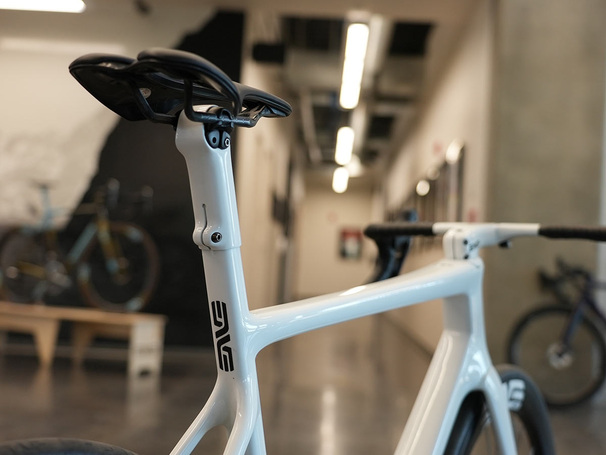 closeup details of finished enve carbon road bike from our factory tour