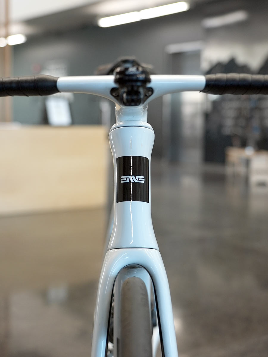 closeup details of finished enve carbon road bike from our factory tour