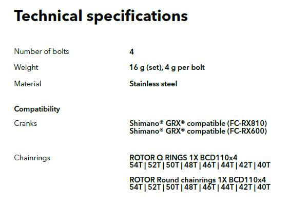 Rotor 1x chainring bolts for Shimano GRX cranks