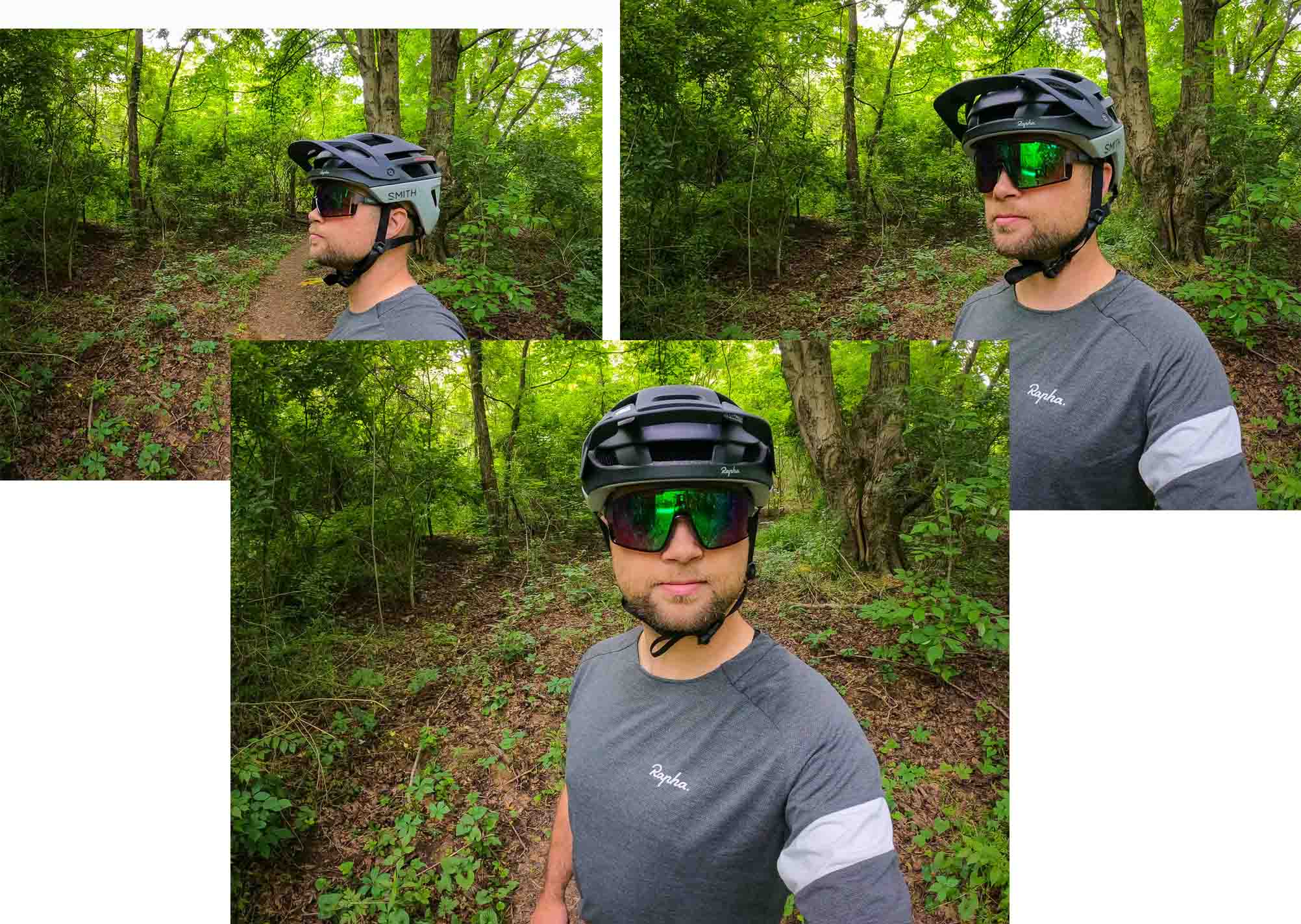 Rapha Performance Trailwear helmet with glasses