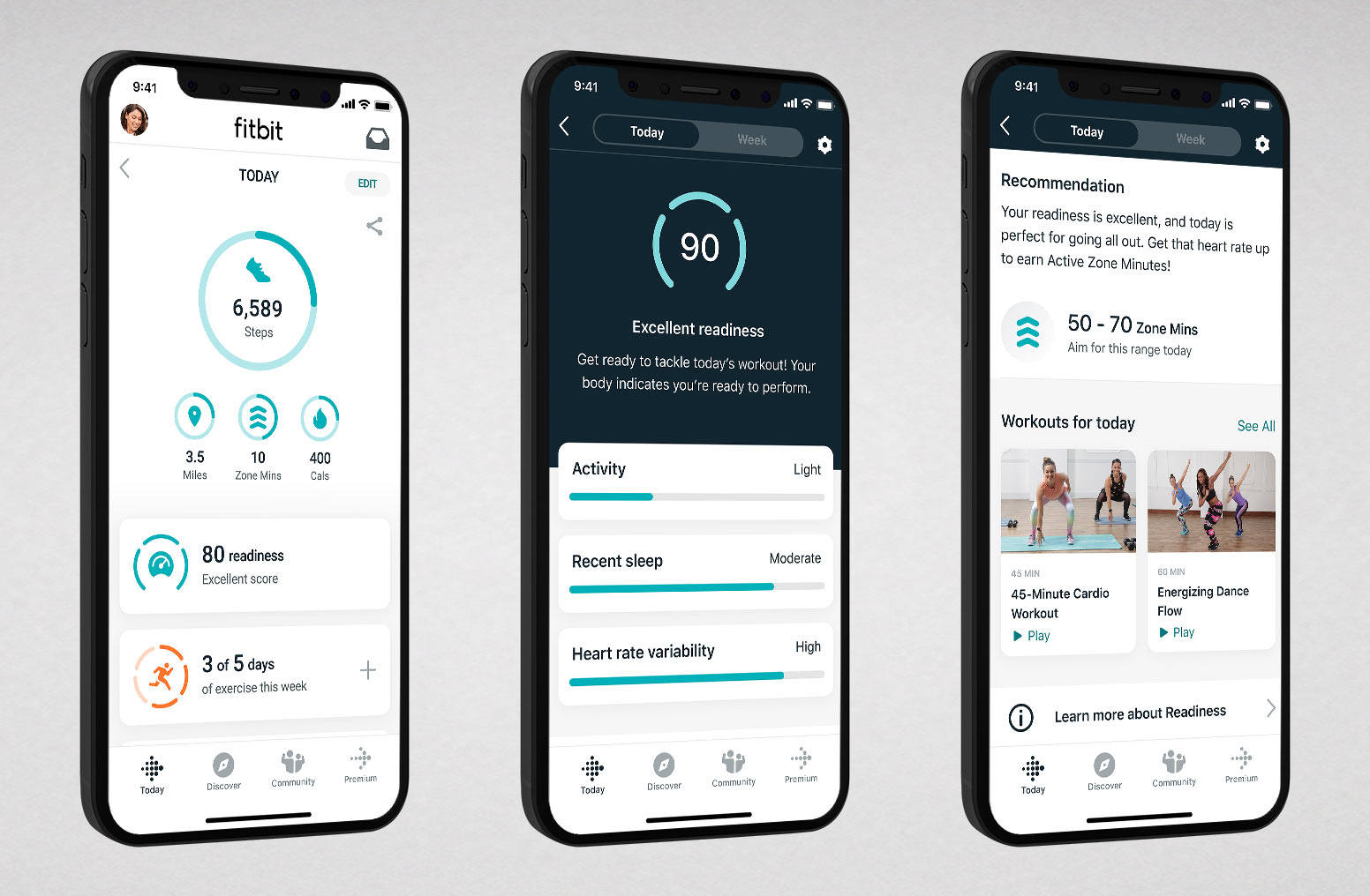 screenshots of new Fitbit Premium Daily Readiness Score that shows recommended workouts or recovery sessions like yoga