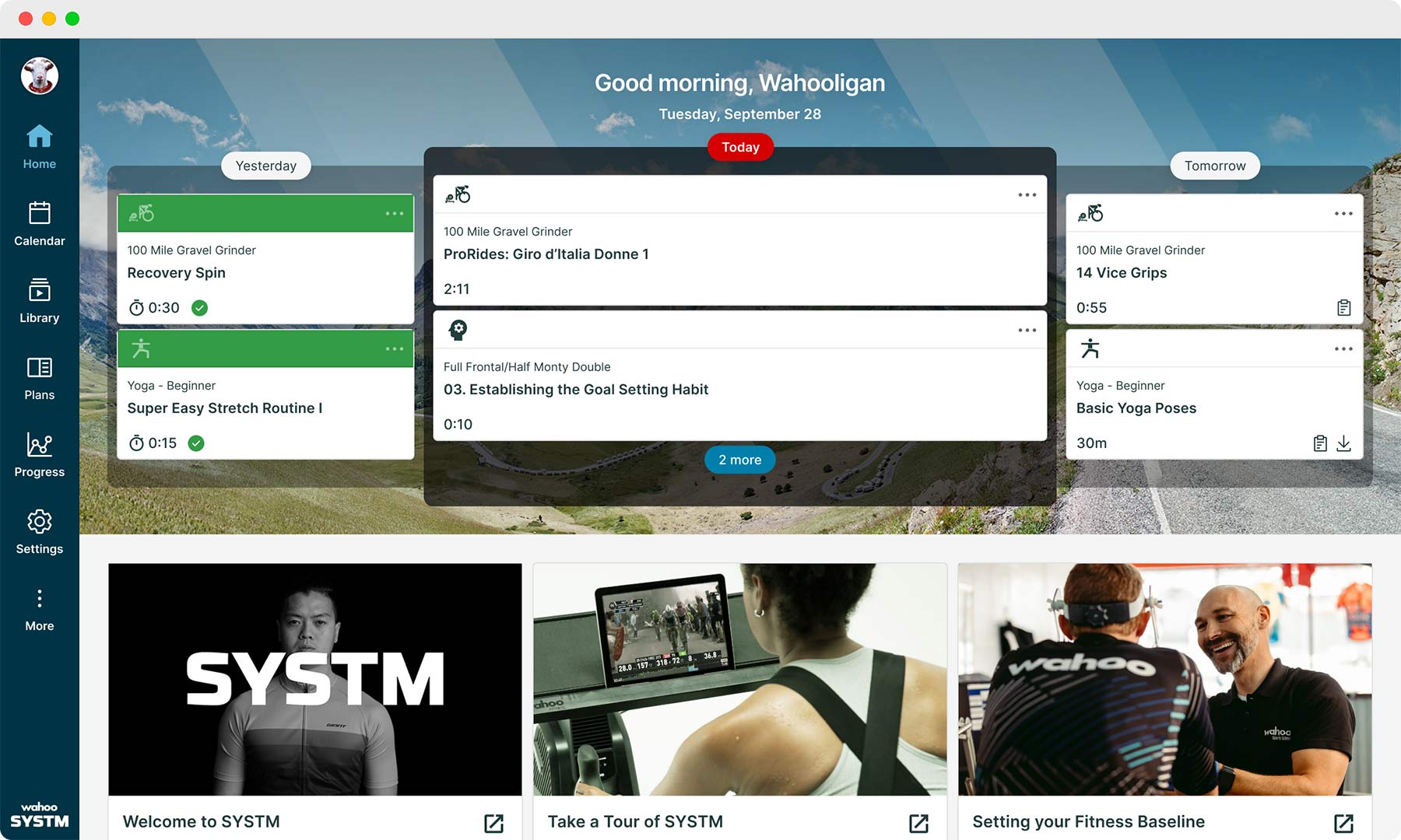 Wahoo Systm cycling structured training app based on The Sufferfest, home screen