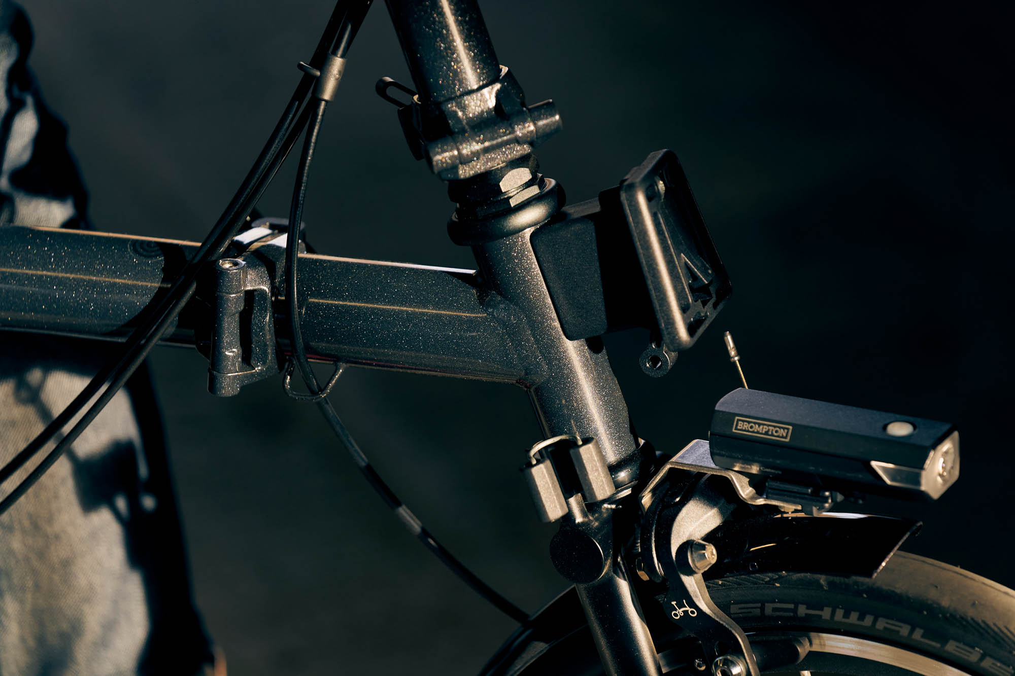 Detail shot of the front of the Brompton P Line folding bike.