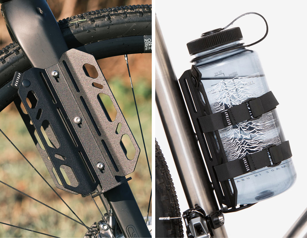 restrap carry cage shown on a bike holding a water bottle