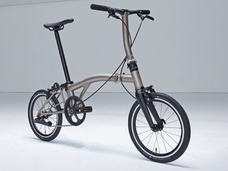 Brompton T Line ultralight titanium folding commuter bikes, angled