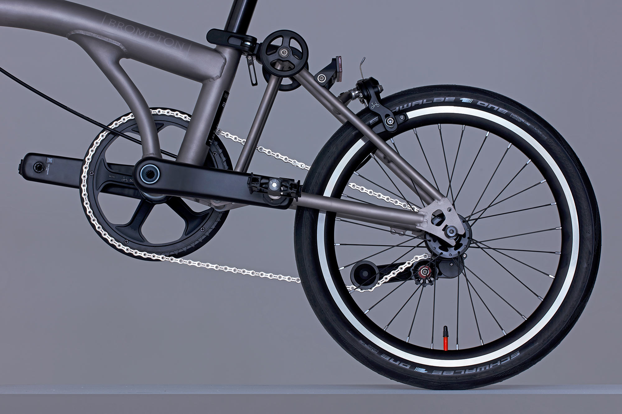 Brompton T Line ultralight titanium folding commuter bikes, non-driveside rear end
