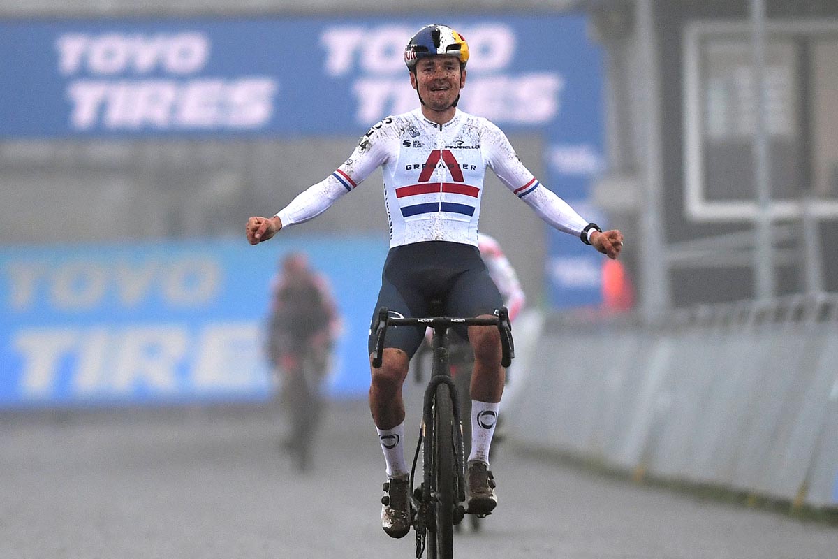 Thomas Pidcock of The United Kingdom and Team INEOS Grenadiers celebrates at finish line as race winner during the 9th Rucphen UCI Cyclo-Cross Worldcup 2021