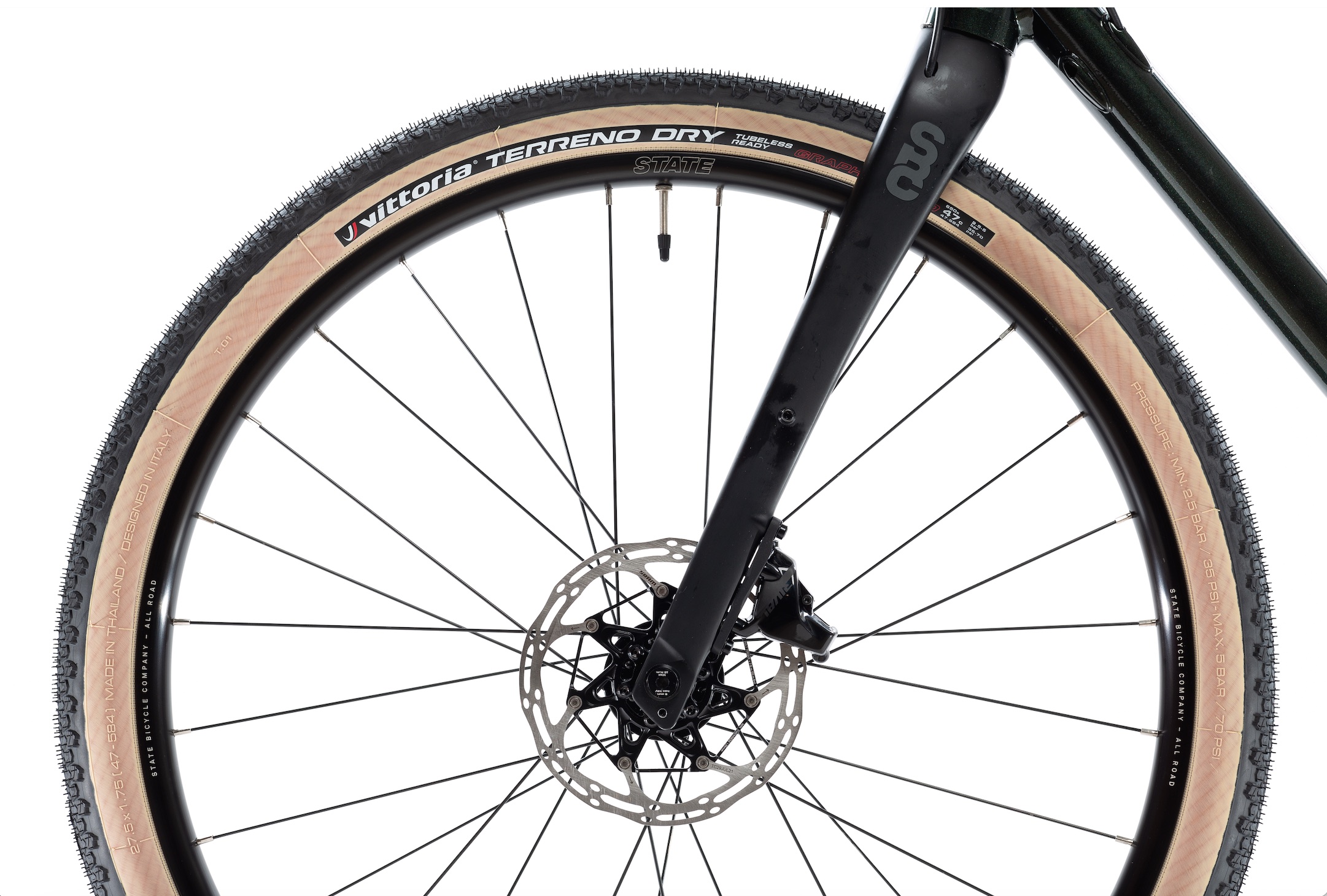 State's 4130 All-Road bike. Front wheel details view.