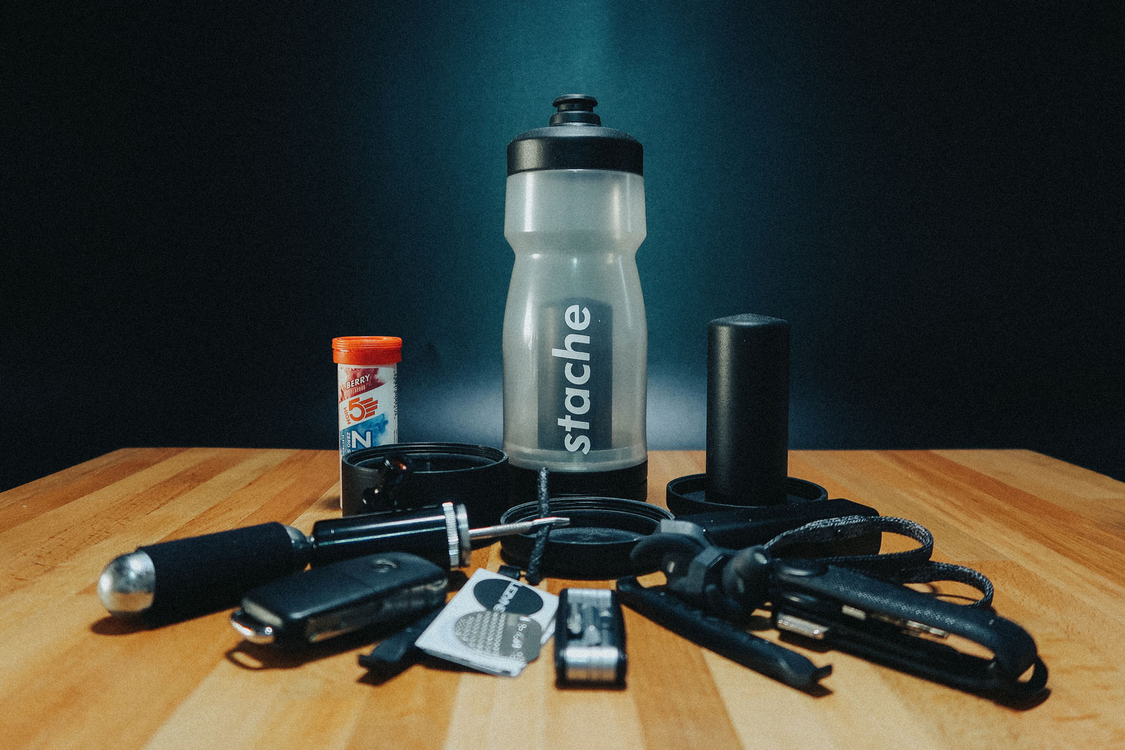 stache water bottle carries everything and water