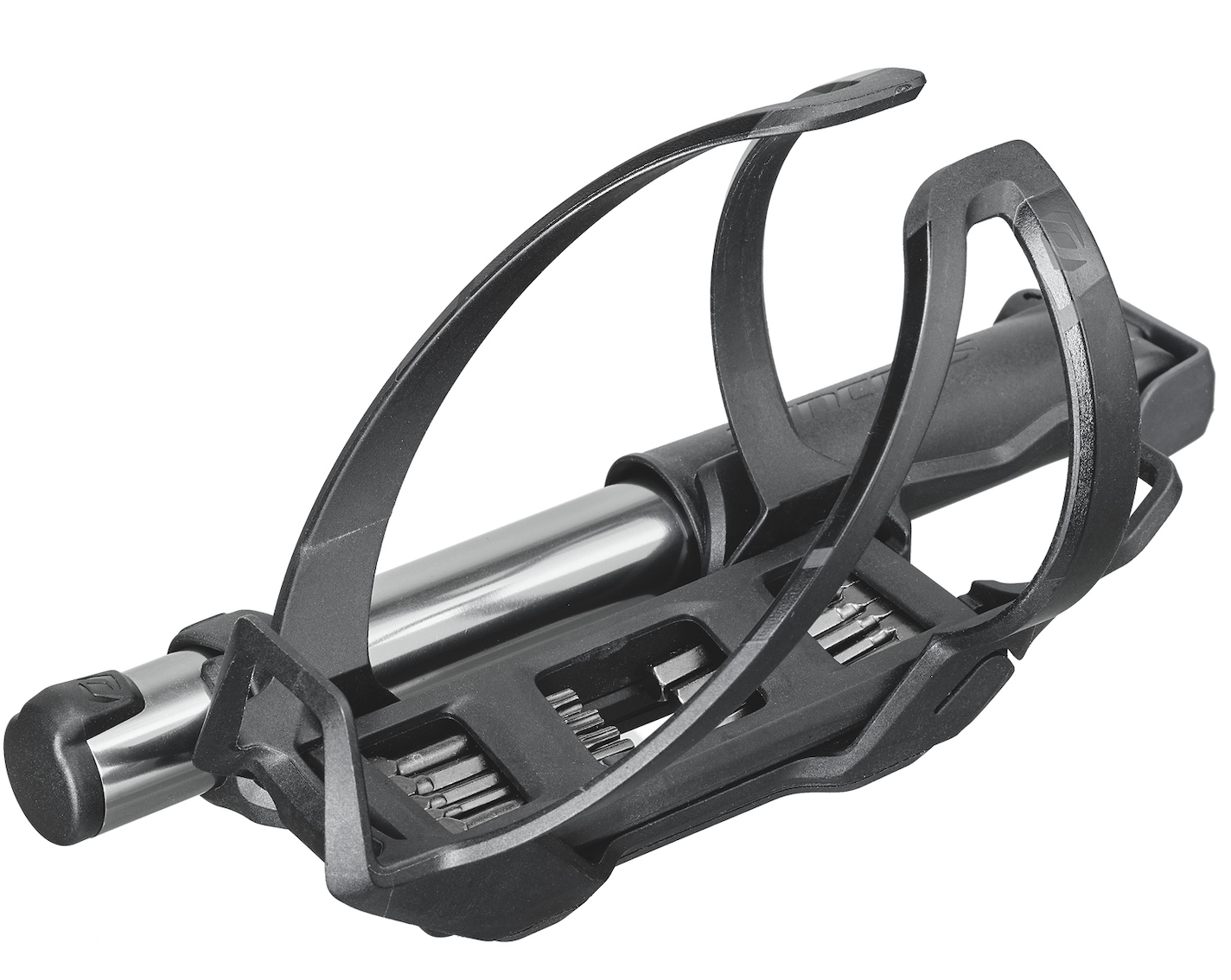 The Syncros Coupe integrated storage bottle cage with hand pump.