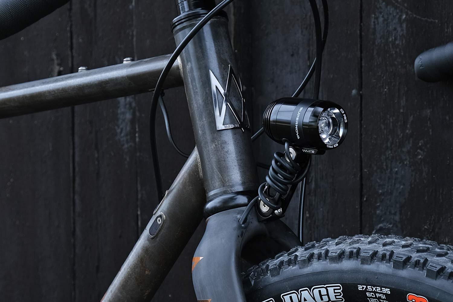 Mason Exposure steel adventure gravel bike, limited raw launch edition off-road bikepacking, headtube dynamo light