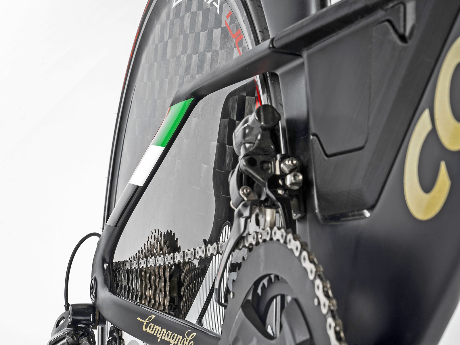 Colnago TT1 carbon disc brake time trial bike, UAE team TT bike, rear end detail