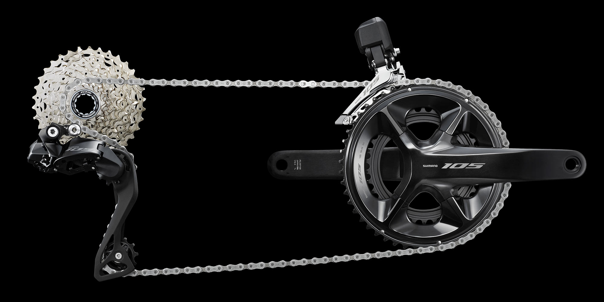 Shimano 105 Di2 R7100 affordable electronic shift road bike groupset, black group