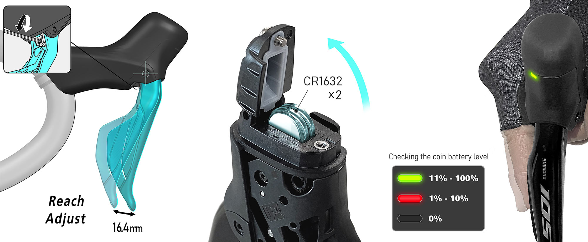 Shimano 105 Di2 R7100 affordable electronic shift road bike groupset, brifter details