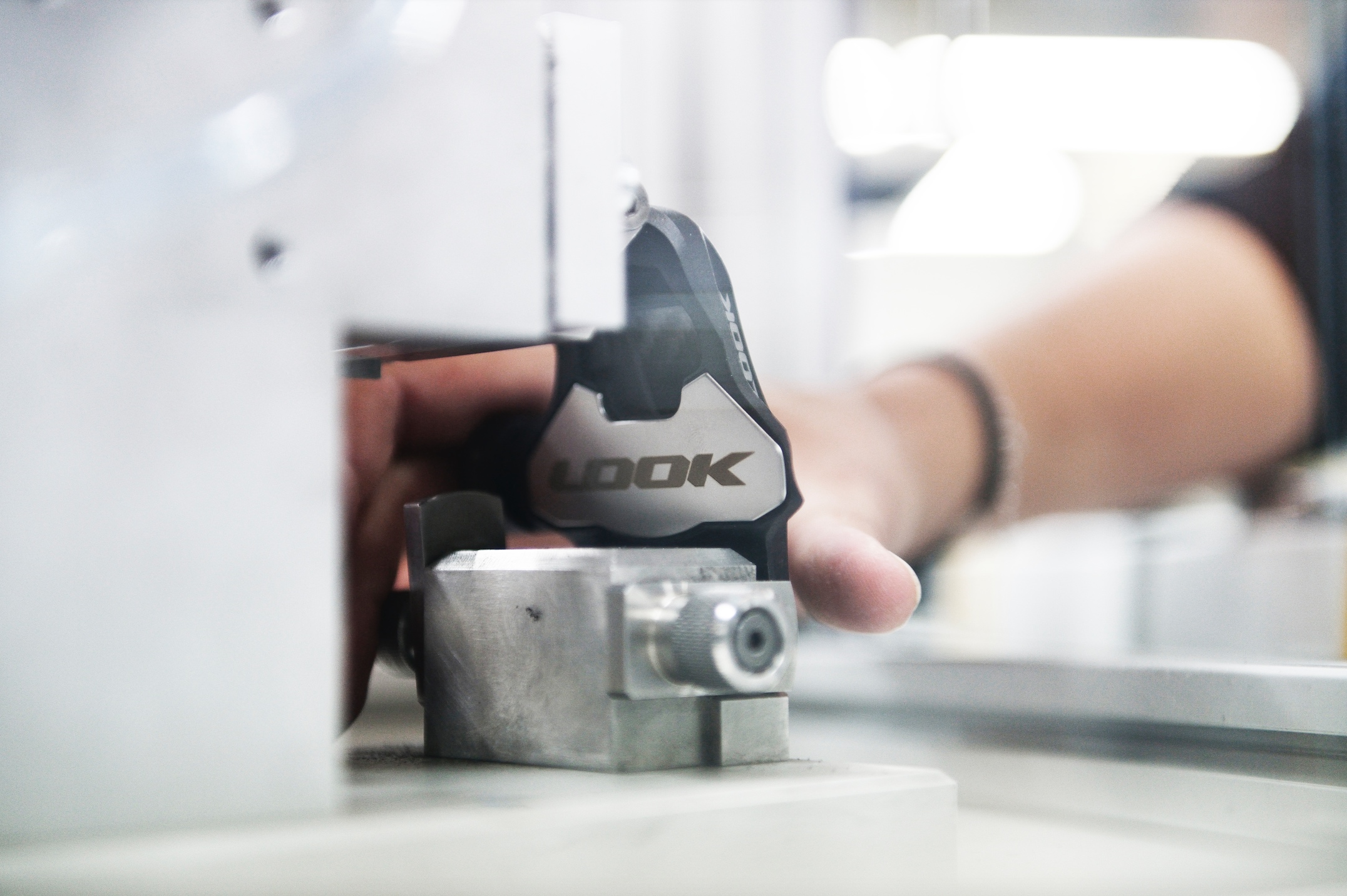 A Look pedal being inspected by staff in Nevers, France.