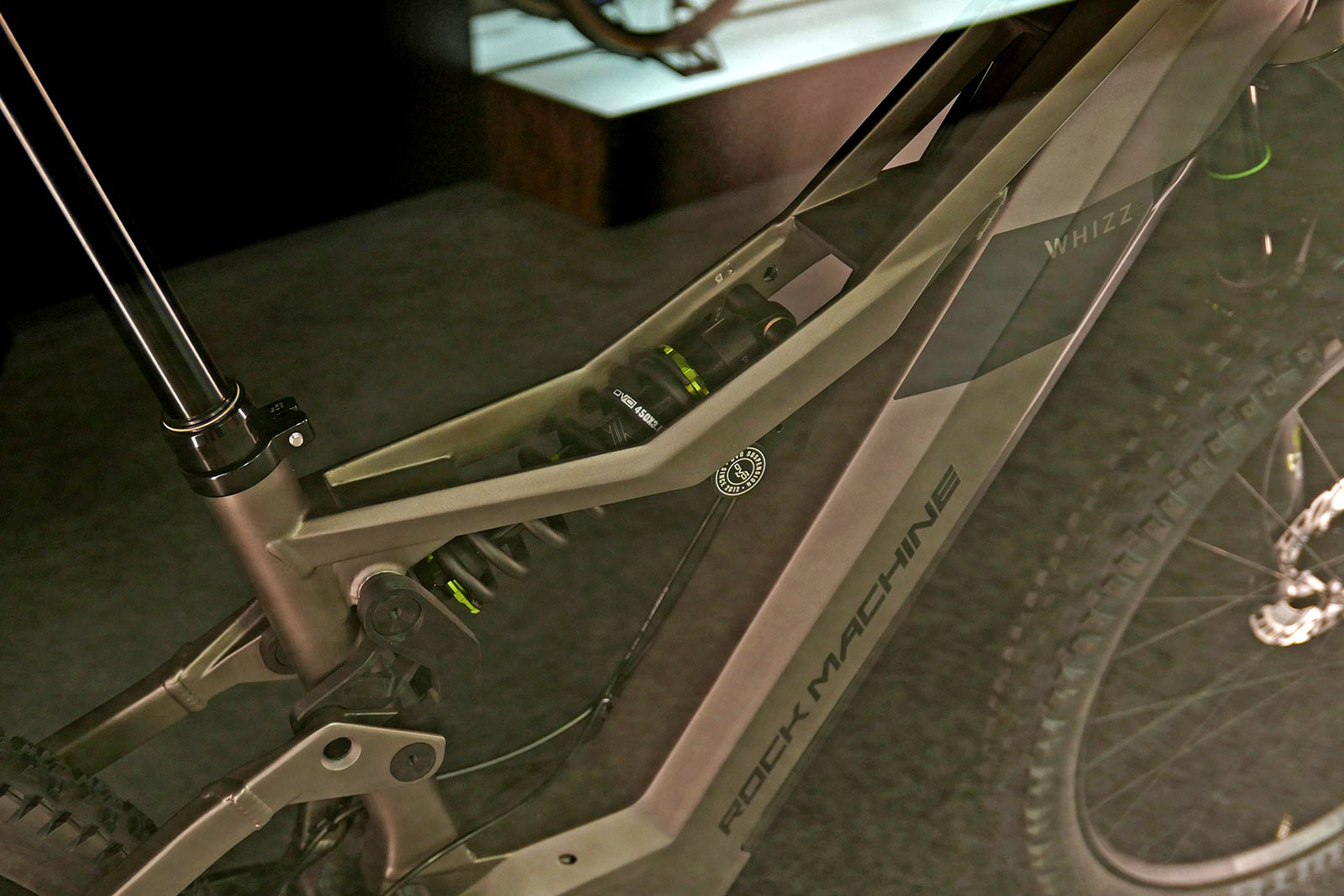 Rock Machine Whizz+ prototype ebike, split toptube & modular shock mount concept