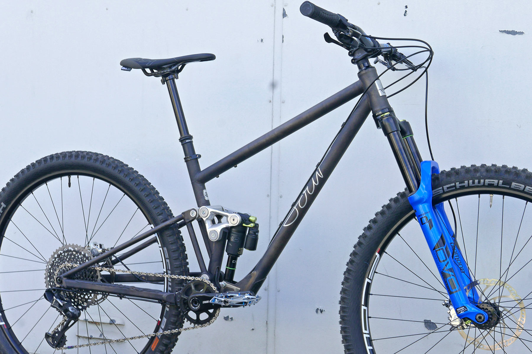Sour Double Choc steel 143mm travel enduro bike prototype, angled