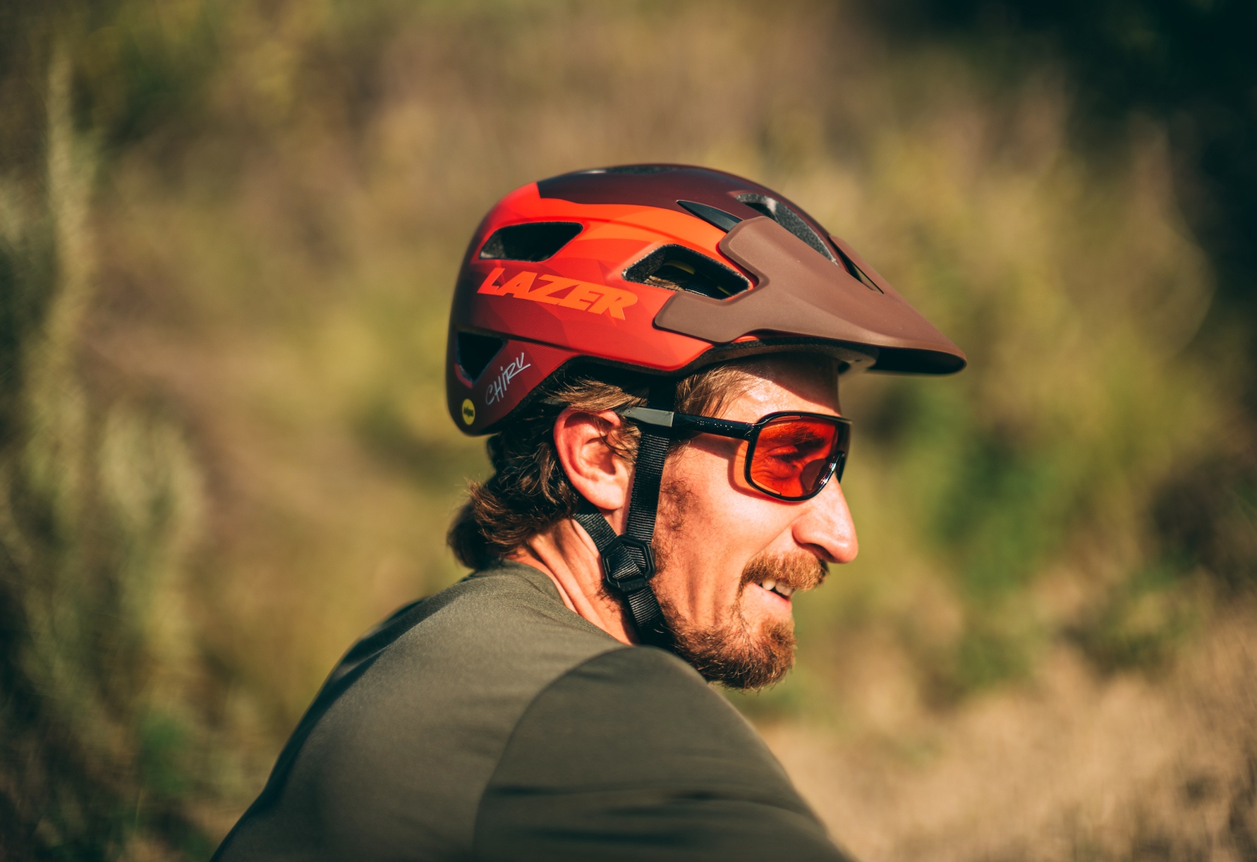 Rider wearing a Lazer Chiru MIPS helmet.