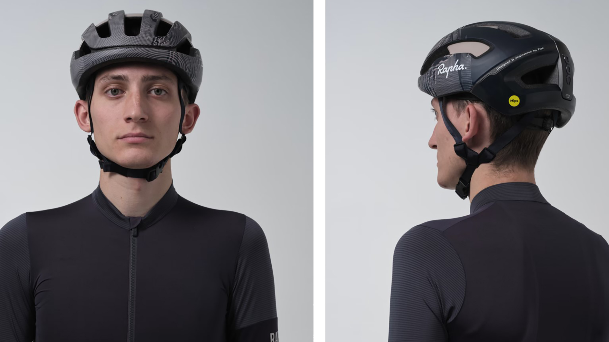two angles of a man wearing the Rapha + POC Ventral Lite