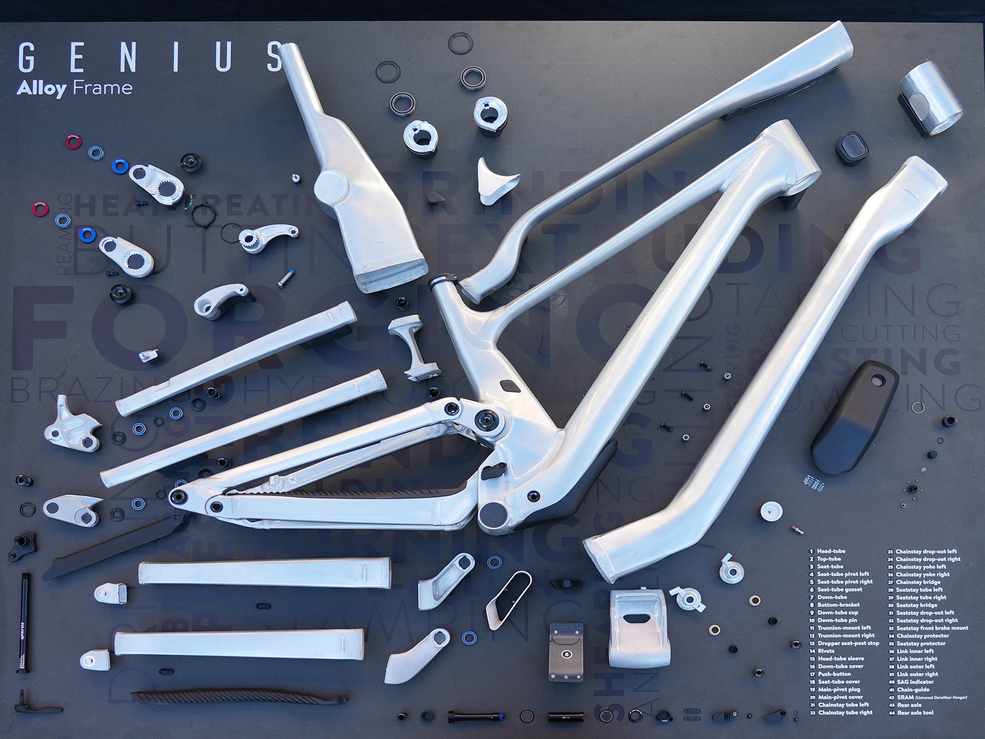 disassembled frame parts for 2023 scott genius alloy mountain bike