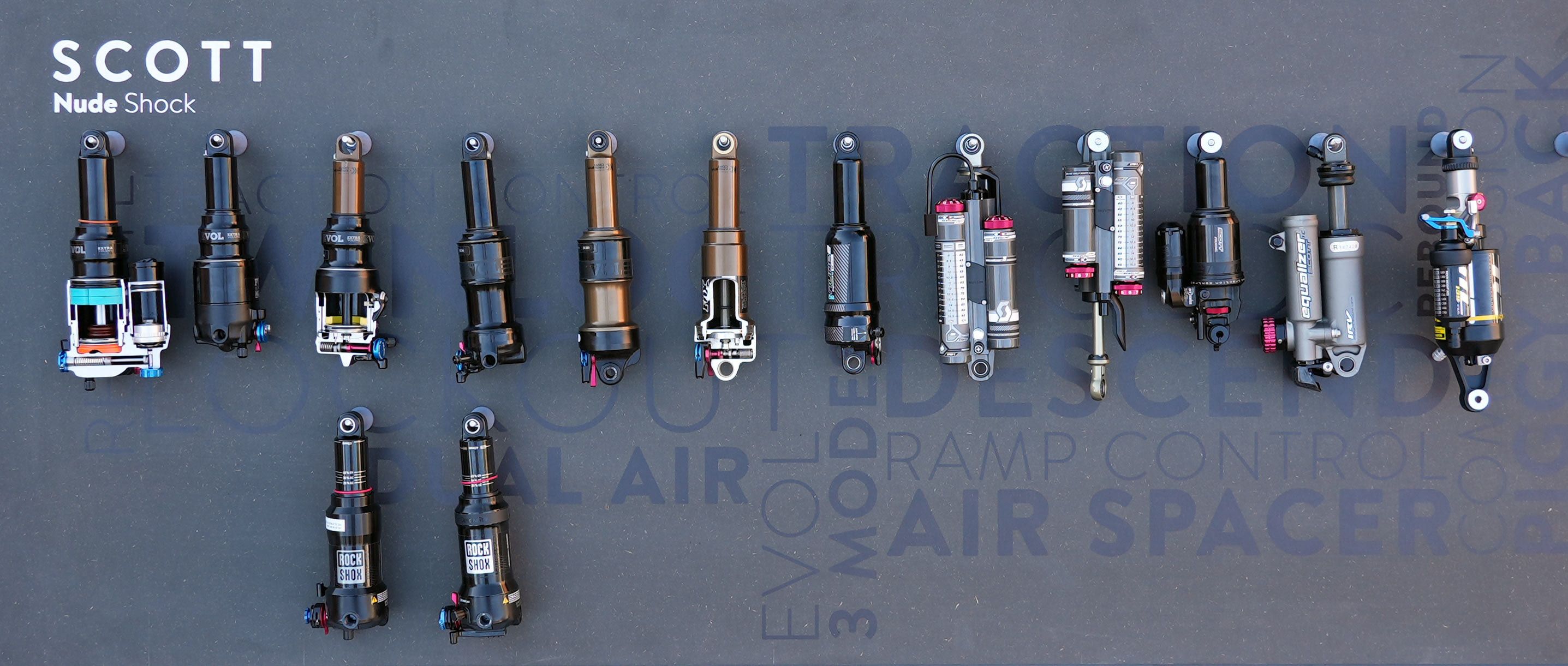 complete collection of all TwinLoc rear shocks ever used by Scott mountain bikes