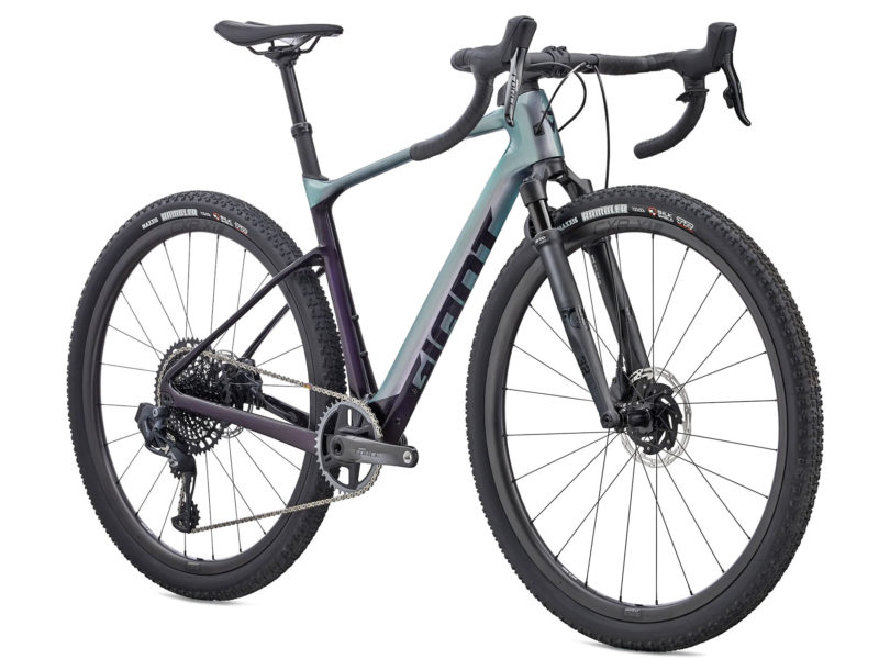 Leaked 2023 Giant Revolt X Advanced carbon gravel bike reshaped for 40mm suspension forks, angled