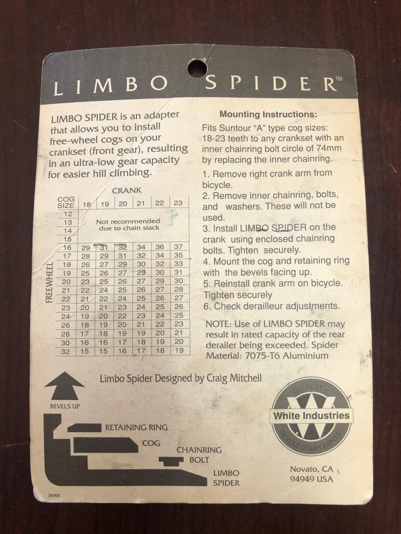 white industries limbo spider chainring cog adapter original packaging