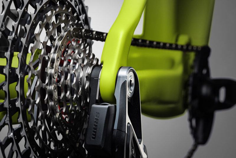 SRAM Transmission Eagle drivetrain closeup view from rear