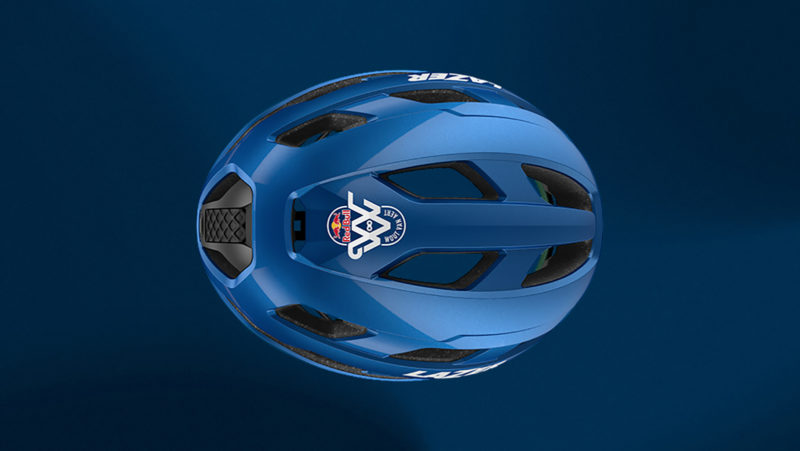 An above view of the Lazer Strada KinetiCore, Red Bull edition, against a blue background. The Red Bull Logo is visible